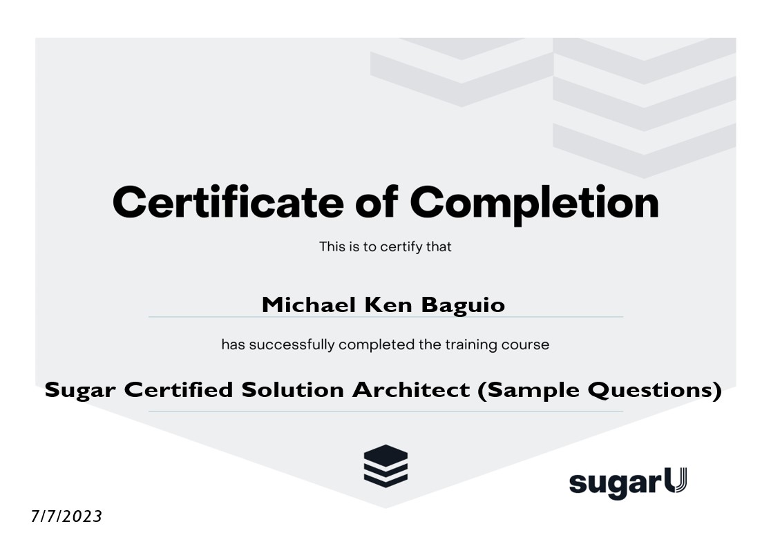 Michael Ken Baguio SugarCrm Architect Certificate