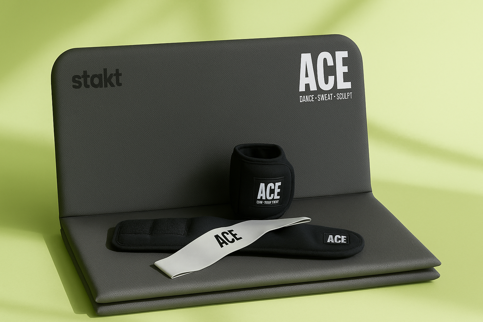 A kit of workout equipment for ACE, featuring a mat, band, and ankle weights