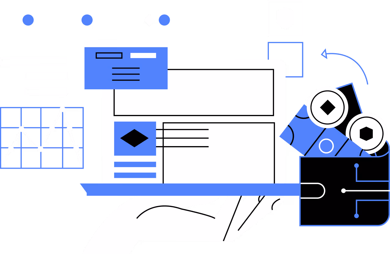 Hand holding a laptop with digital charts, cards, and security shield icons representing data and finance.