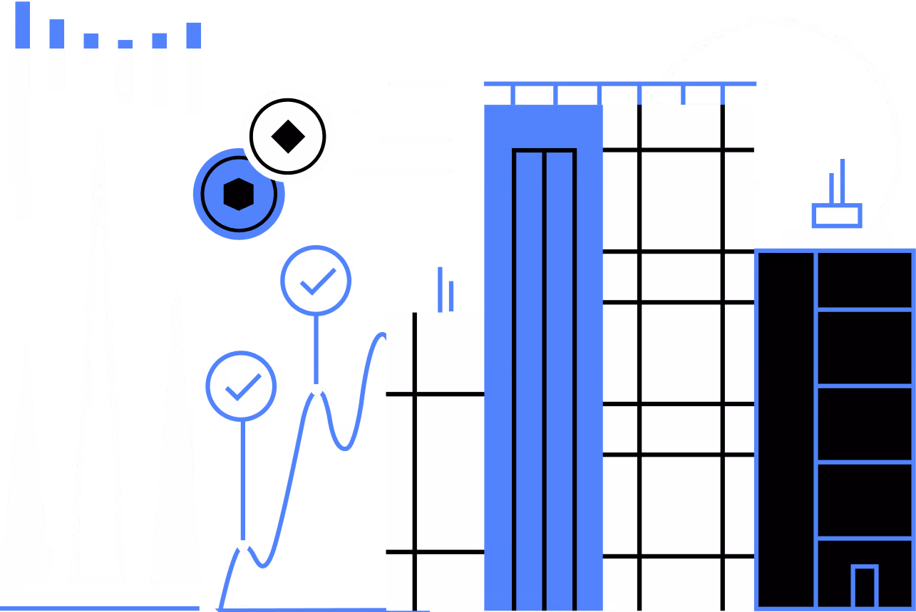 Abstract cityscape with bar charts, line graph, and coins symbolizing finance and growth.