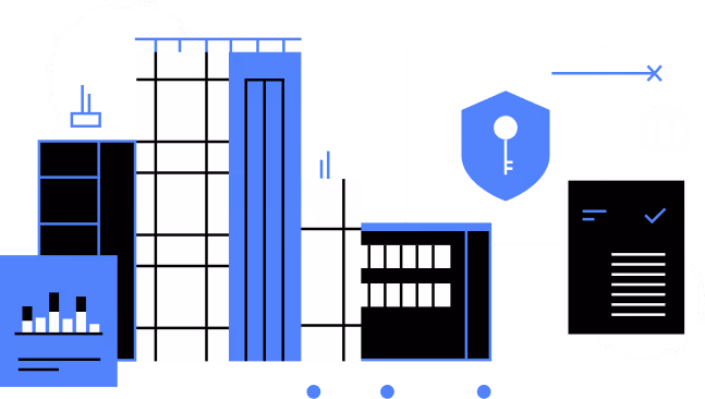 Illustration of modern buildings with security shield, key icon, and a document with checkmark.