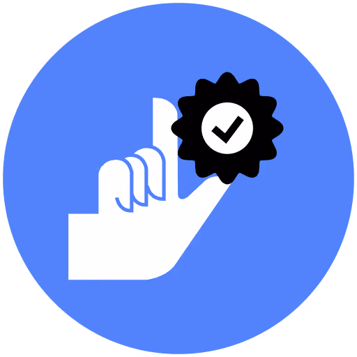 White hand with thumb pointing up holding a black badge with a checkmark on blue circle background.
