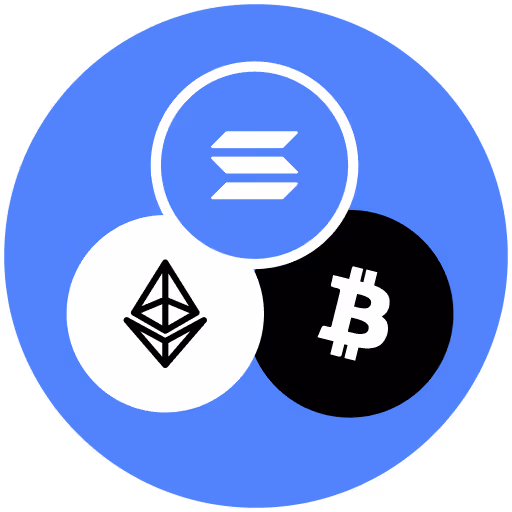Blue circle with overlapping white, black, and blue circles showing Ethereum, Bitcoin, and Solana logos.