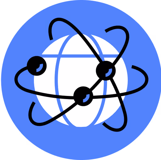 Globe with orbiting electrons icon on blue circular background symbolizing science or technology.