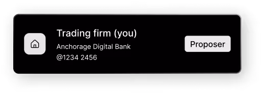 Trading firm profile card with Anchorage Digital Bank and contact @1234 2456, marked as proposer.