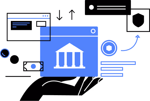 Abstract illustration with buildings, shield, and graph