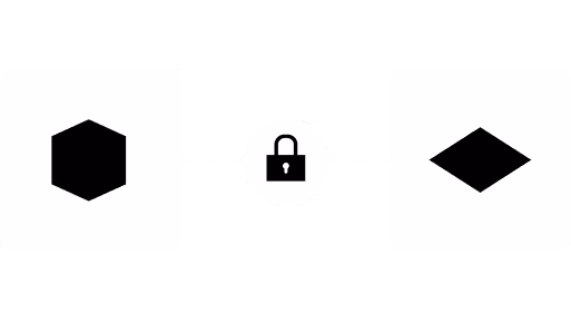Black hexagon shape linked to black diamond shape with a locked padlock icon between them.