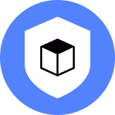 Black and white cube icon inside a white shield on a blue circular background.