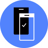 Black smartphone icon behind a white smartphone outline with a checkmark on a blue circle background.