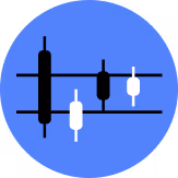 Black and white candlestick chart pattern on blue circular background.