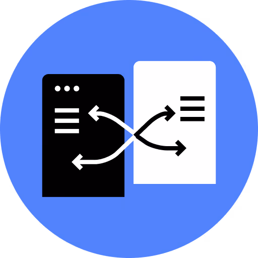 Icon of two overlapping documents with arrows crossing between them on a blue circular background.