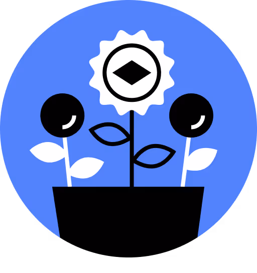 Stylized potted plant with two black flowers and one white flower with a black diamond center on blue background.