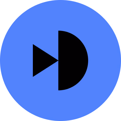 Blue circle with black triangle and semicircle shapes inside, resembling a play and pause symbol combined.