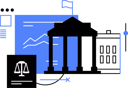 Graphic of government building with flag, bar and line charts, and justice scales icons.