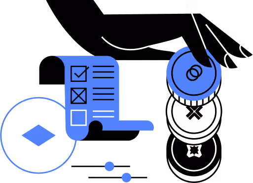 Hand pressing blue voting button with checklist and voting items illustrated nearby.