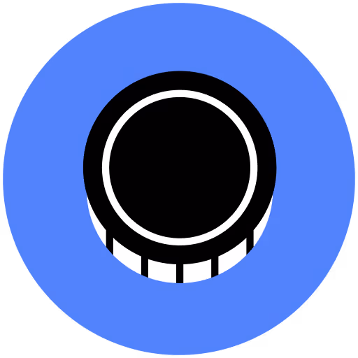 Black volume knob with white markings on a blue circular background, viewed from above.