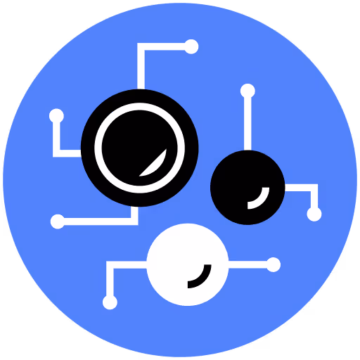 Black and white connected spheres on a blue circular background symbolizing network or technology.