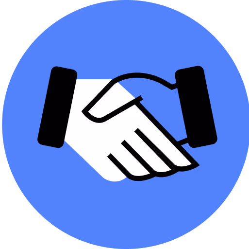Black and white handshake icon inside a blue circle symbolizing partnership or agreement.