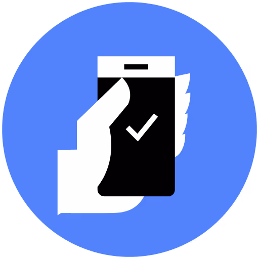 Hand holding a smartphone with a checkmark on the screen, all inside a blue circle.