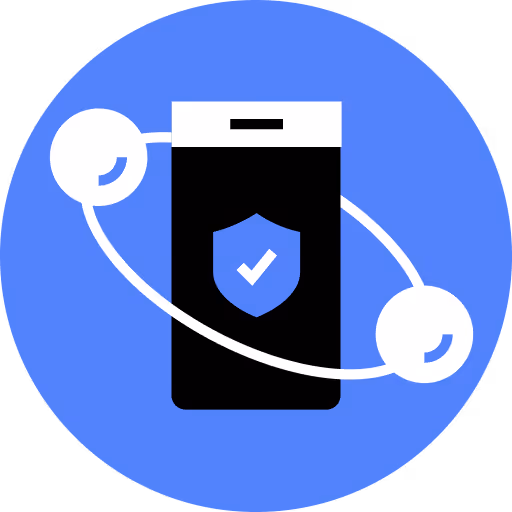 Smartphone with a shield and checkmark, surrounded by two connected orbits, symbolizing security.