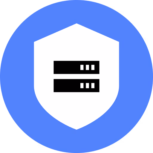 Shield icon with two black server units inside representing data protection.