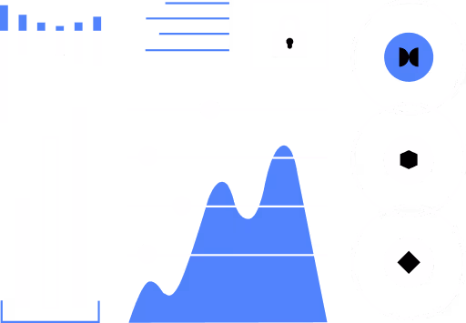 Abstract dashboard with bar graphs, sliders, lock icon, and three circular icons in blue, black, and white.