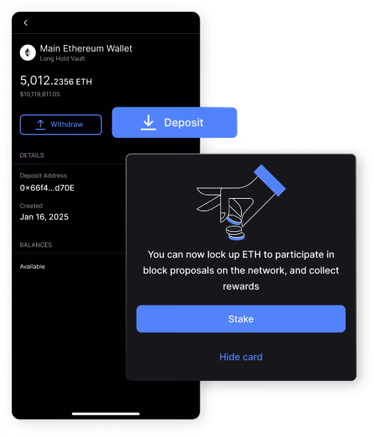 Main Ethereum Wallet screen showing balance and options to withdraw, deposit, and a card to stake ETH for rewards.