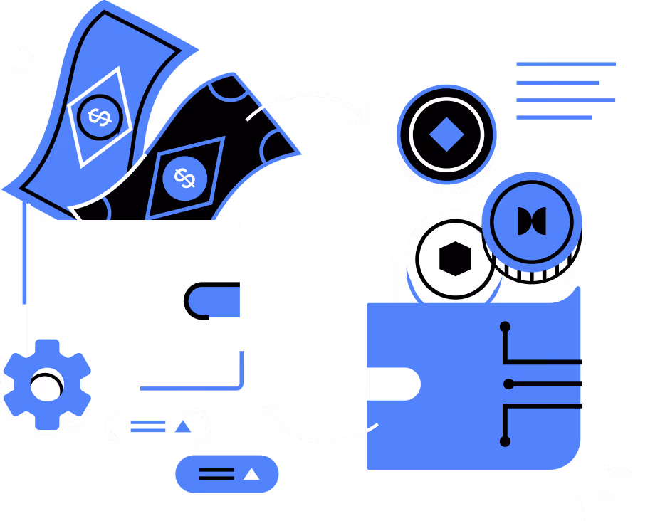 Illustration of two wallets exchanging dollar bills for digital coins with circular arrows between them.