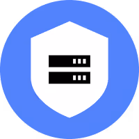 White shield with two black server icons inside on a blue circular background.