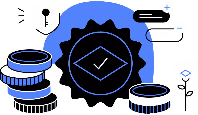 Stacked blue and black coins surrounding a check-mark badge and security key icon.