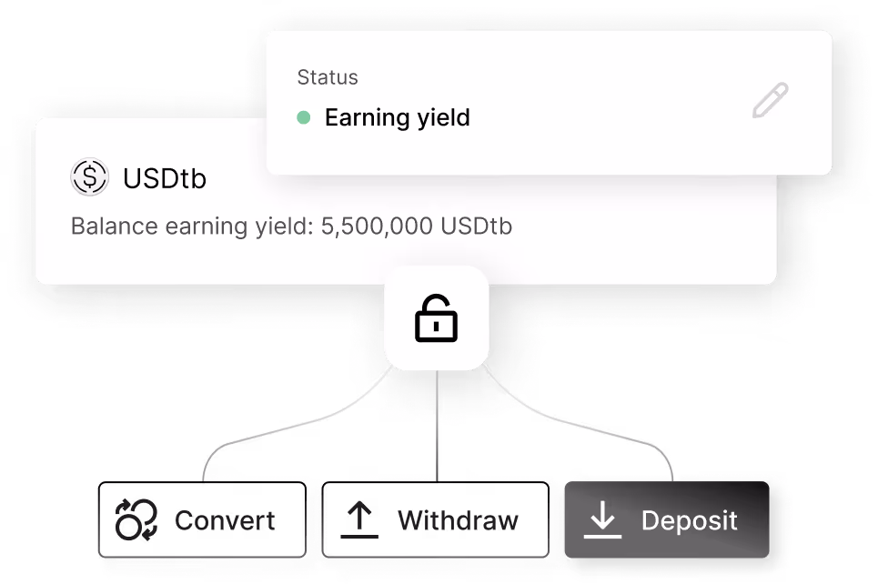 USDtb balance 5,500,000 with earning yield status and unlocked deposit option highlighted.