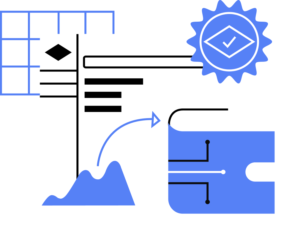 Illustration of a digital wallet connected to a dashboard with data charts and a blue checkmark badge indicating verification.