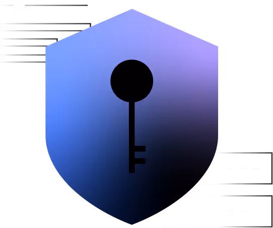Blue-purple shield icon with a black key in the center, symbolizing security or protection.