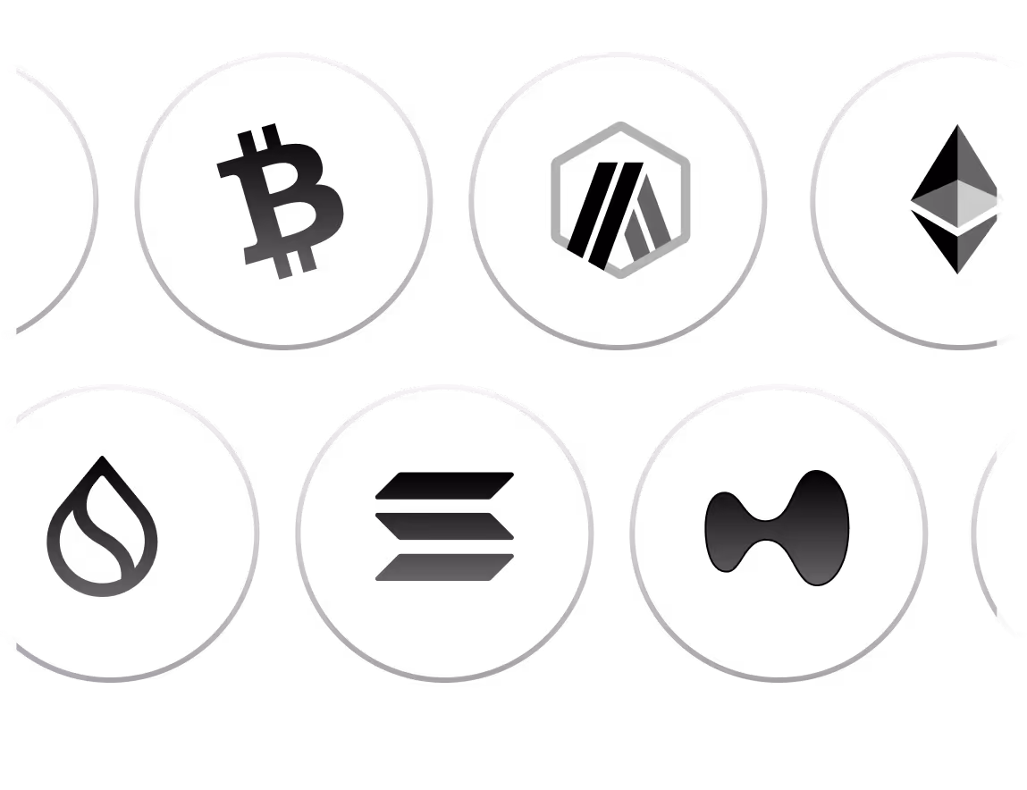 Nine black and white cryptocurrency logos inside circular frames on a black background.