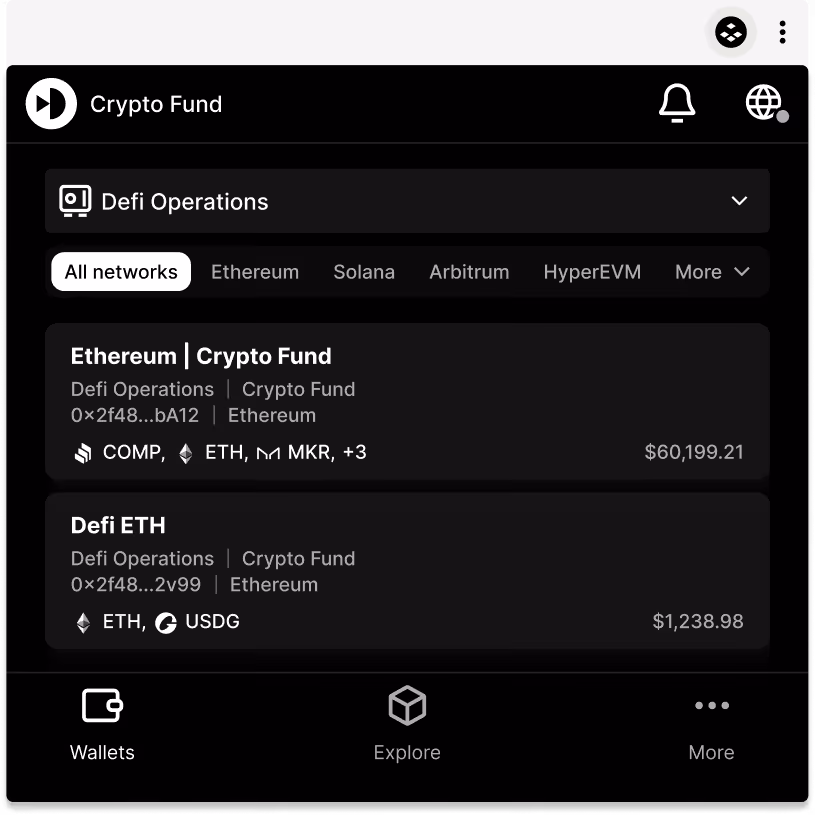Crypto Fund app showing DeFi operations with Ethereum and DeFi ETH wallets and balances.