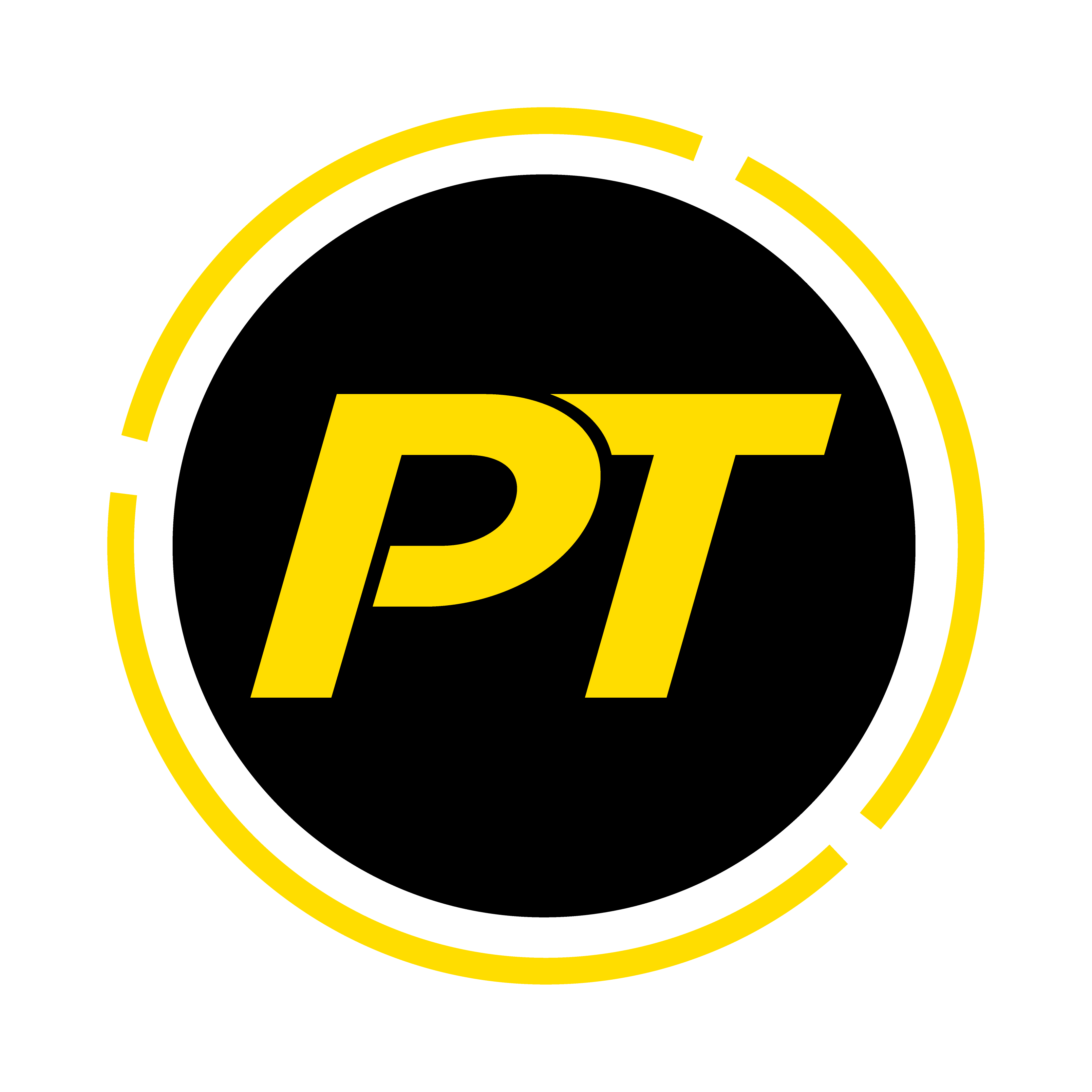 Yellow stylized letters PT inside a broken circular outline on black background.