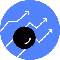 Blue circle with white upward-trending line graphs and a black circle with a small white curve.