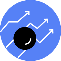 Blue circle with white upward-trending line graphs and a black circle with a small white curve.