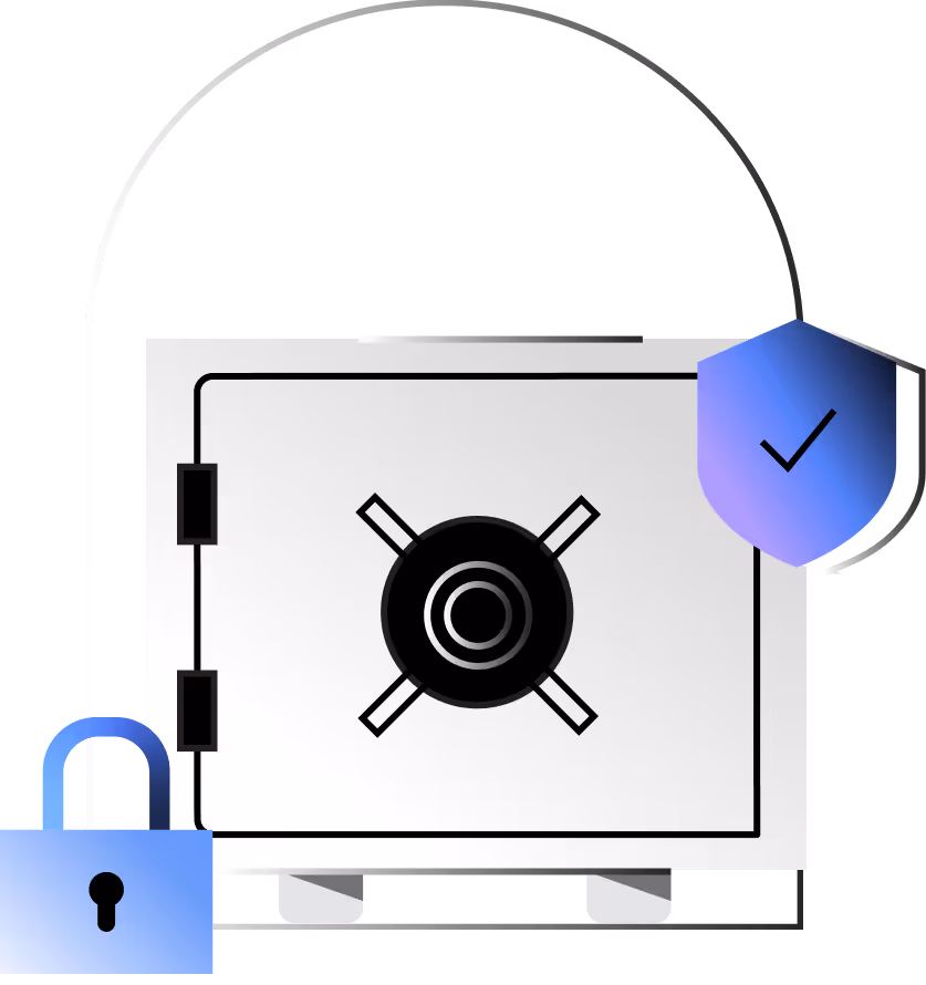 Closed safe with a lock and shield icon symbolizing security and protection.