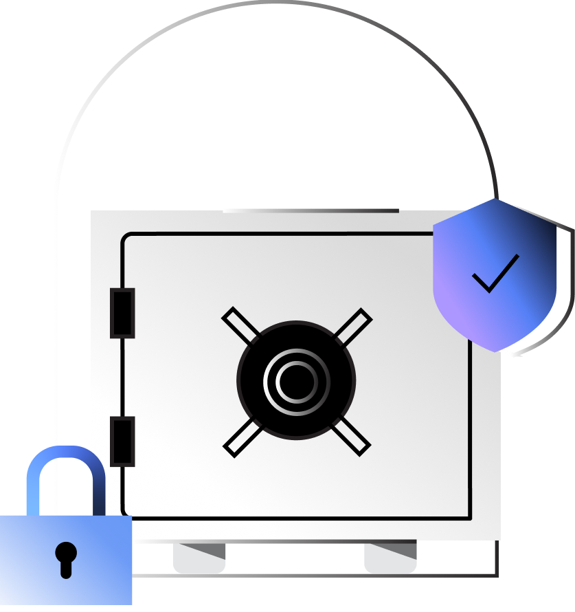 Closed safe with a lock and shield icon symbolizing security and protection.