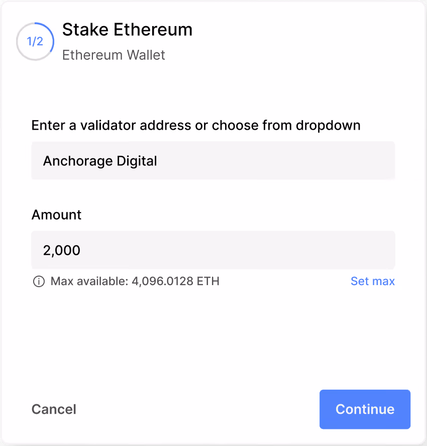 Ethereum staking modal with validator Anchorage Digital and amount 2,000 ETH entered.