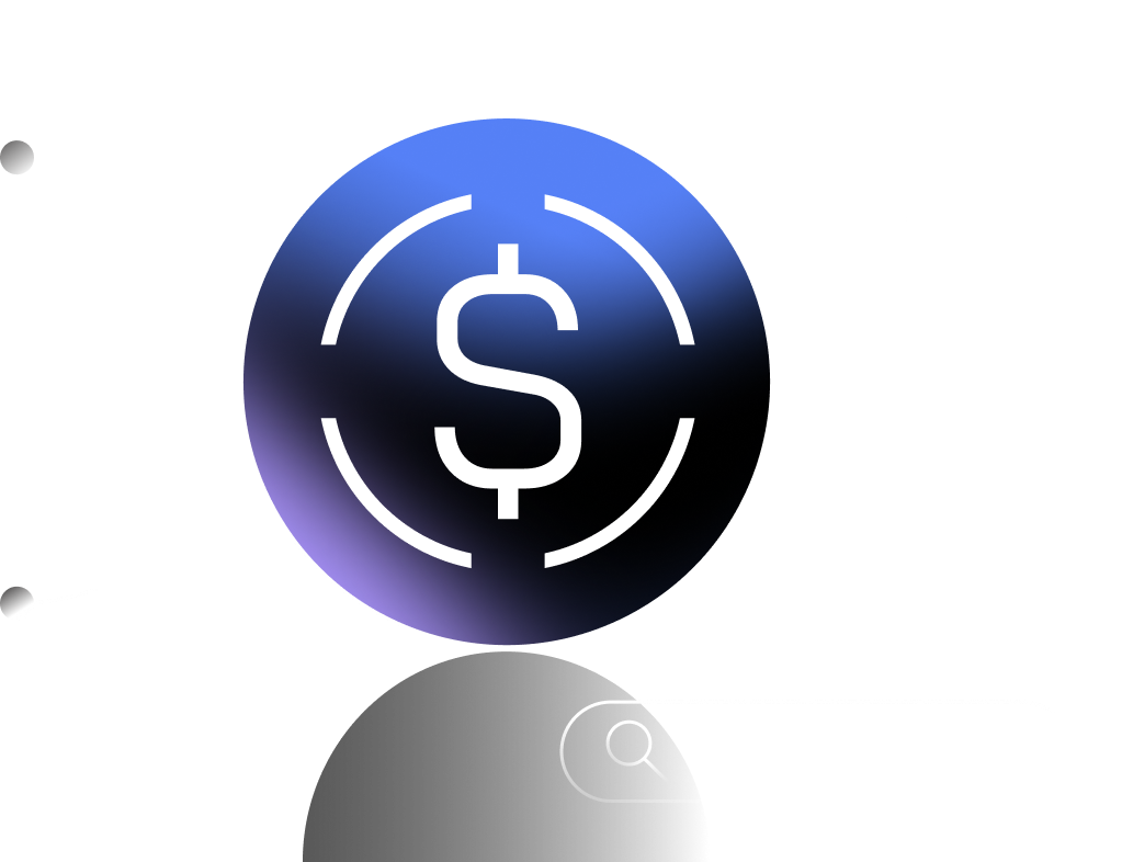 Blue and black circular icon with a white dollar sign encircled by four arcs, surrounded by abstract shapes including a diamond, curved lines, a document with text lines, and a search bar with a magnifying glass icon.