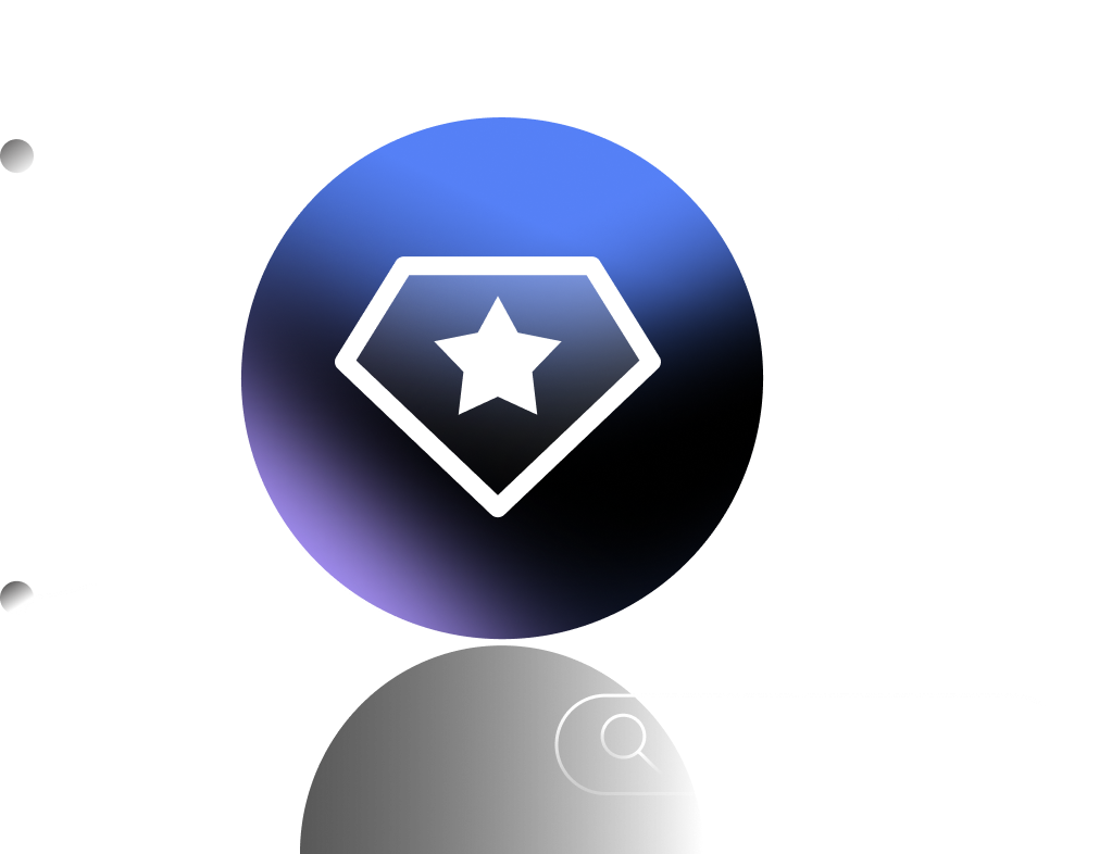 Abstract digital graphic featuring a large blue and black gradient circle with a white diamond-shaped outline containing a star in the center, connected to smaller circular and diamond shapes, alongside stylized icons representing a document and a search bar on a black background.