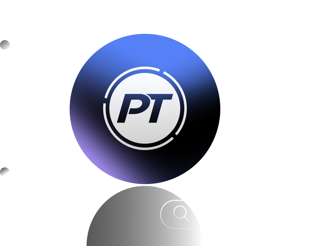 Central blue and black gradient circle with white 'PT' letters inside a smaller white circle, surrounded by abstract geometric shapes including a diamond, gray circles, a document icon with lines, and a search bar icon, all on a black background.