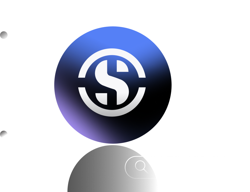 Graphic featuring a central blue and black gradient circle with a stylized white 'S' inside, surrounded by simple white geometric shapes and icons including a search bar and a document with lines indicating text.