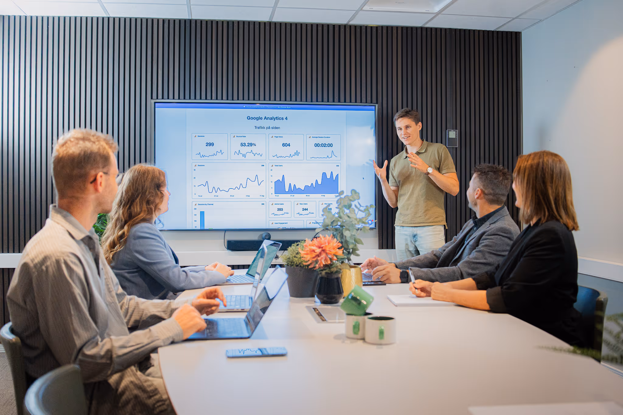 Forretningsteamet gjennomgår Google Analytics-data for å effektivt informere digitale markedsføringsstrategier sammen.
