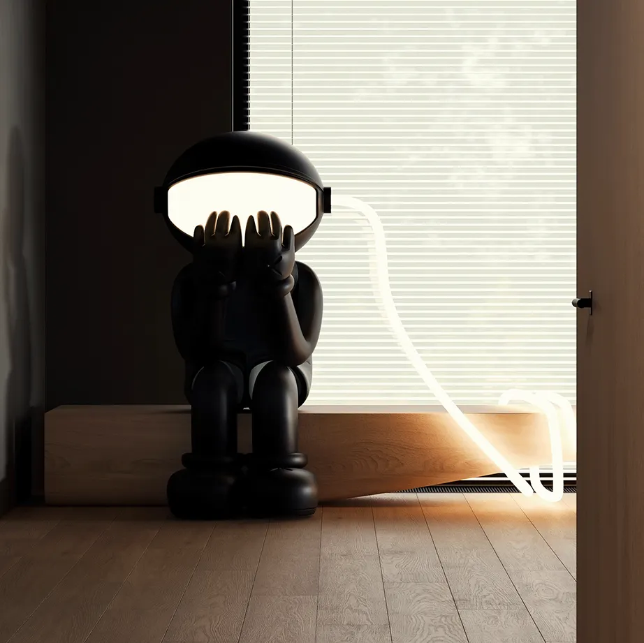 3D CGI architectural visualization featuring a modern interior rendered in virtual reality, with a prominent black KAWS sculpture as a focal point.