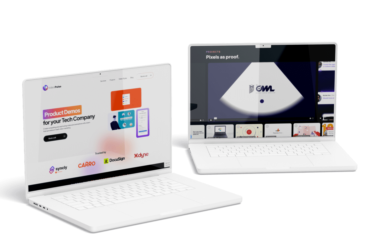 Webflow custom design for VideoPulse, a SaaS video marketing startup, showcasing their product demos with enhanced aesthetic appeal and responsive UI/UX design by YAVACADO.