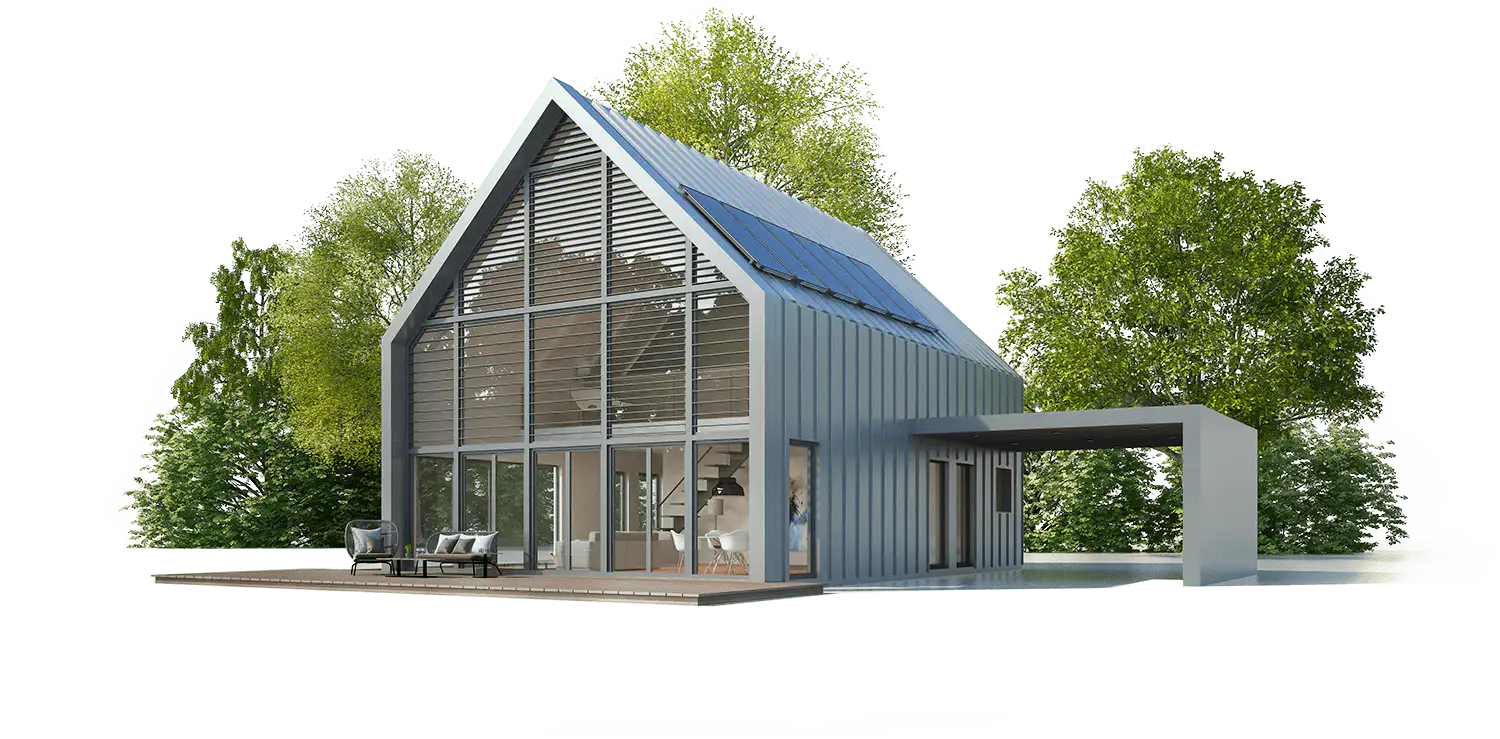 Saniertes Haus mit Glasfront, gedämmter Fassade und Solarthermieheizung auf dem Dach