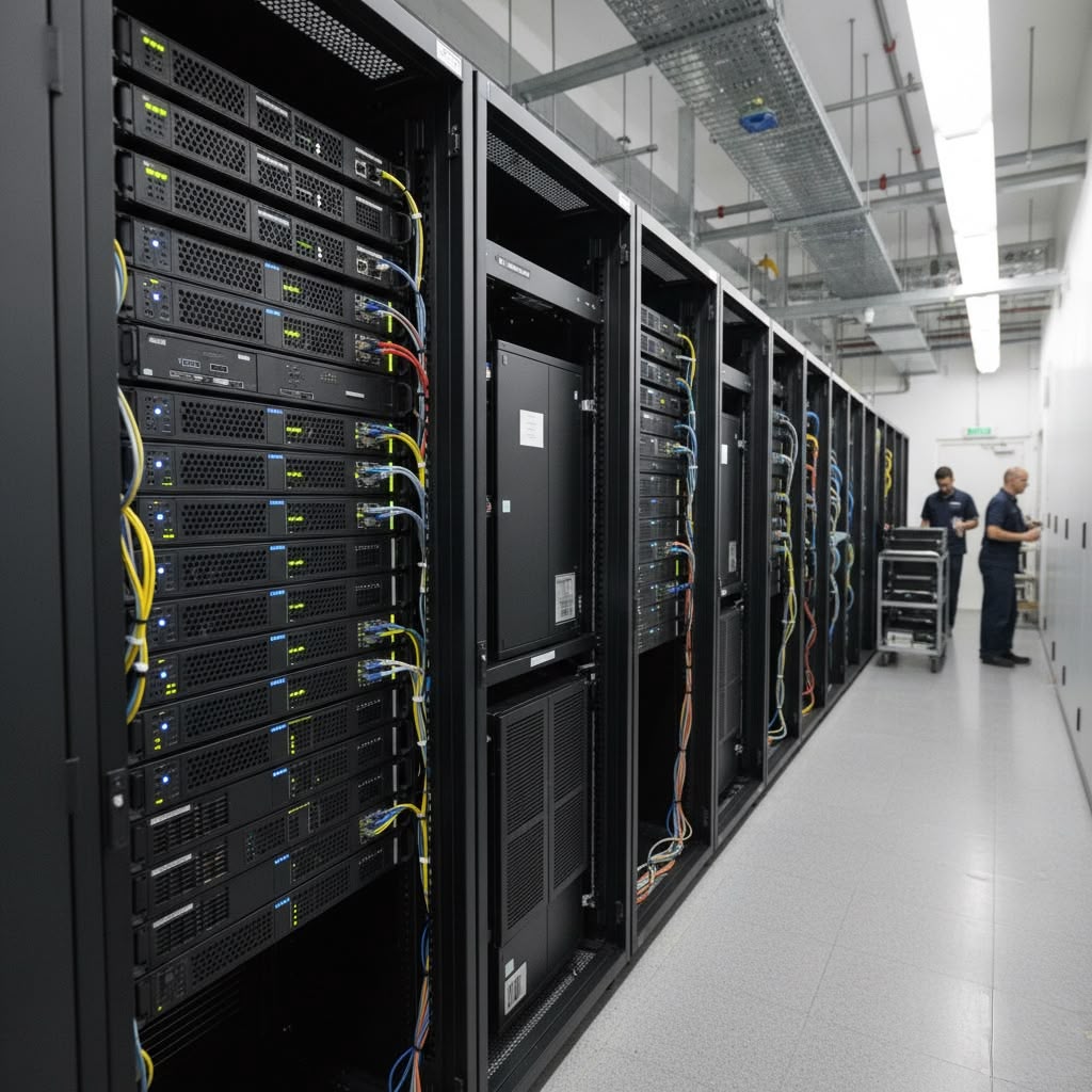 Bild von Server Rocks in einem Datencenter, die gerade bearbeitet werden.